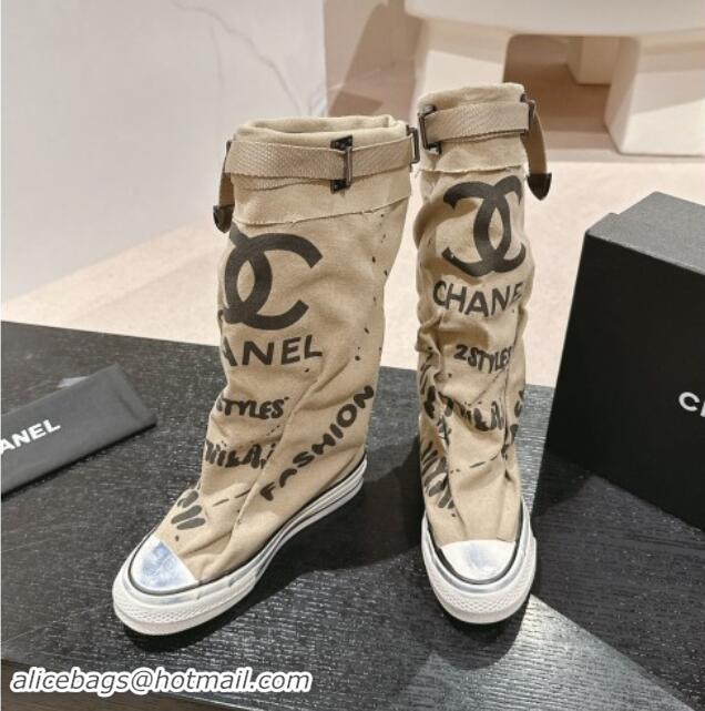 Good Product Chanel Denim Sneaker High Boots with Buckle Beige 015120