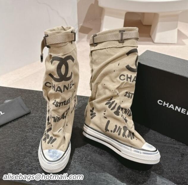 Good Product Chanel Denim Sneaker High Boots with Buckle Beige 015120