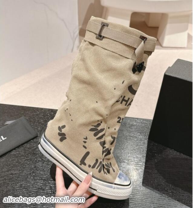 Good Product Chanel Denim Sneaker High Boots with Buckle Beige 015120