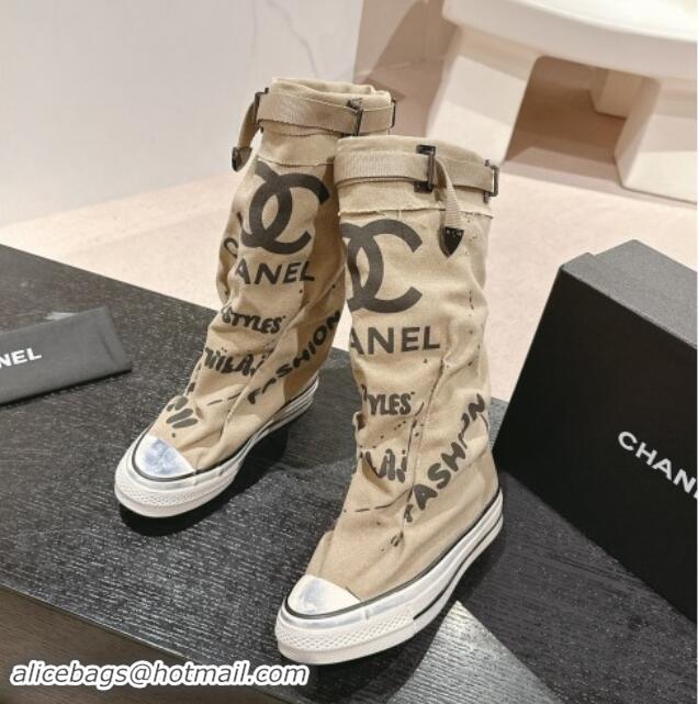 Good Product Chanel Denim Sneaker High Boots with Buckle Beige 015120