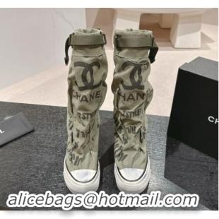 Durable Chanel Denim Sneaker High Boots with Buckle Green 1015121