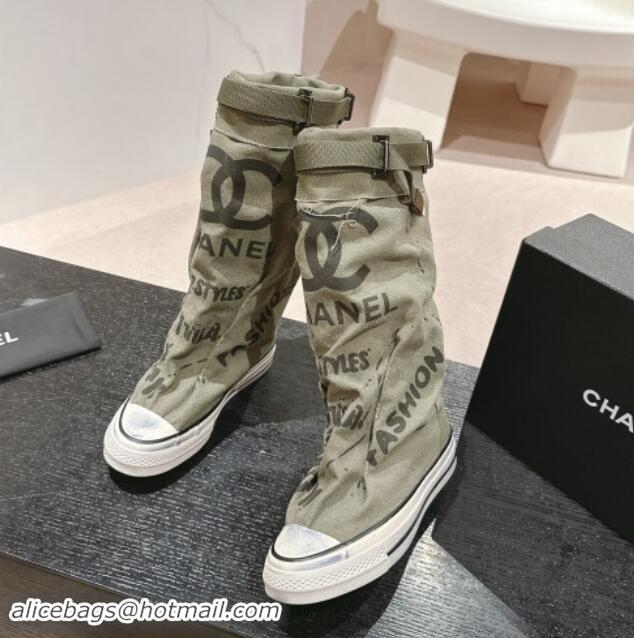 Durable Chanel Denim Sneaker High Boots with Buckle Green 1015121