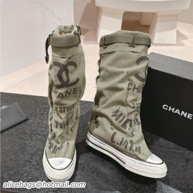 Durable Chanel Denim Sneaker High Boots with Buckle Green 1015121