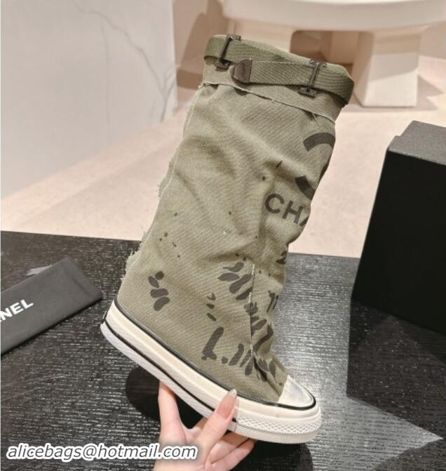 Durable Chanel Denim Sneaker High Boots with Buckle Green 1015121