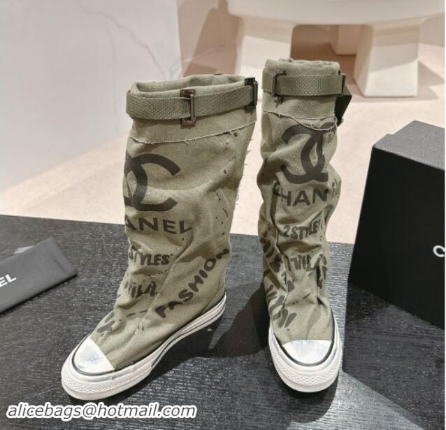 Durable Chanel Denim Sneaker High Boots with Buckle Green 1015121