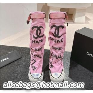 Good Quality Chanel Denim Sneaker High Boots with Buckle Pink 015122