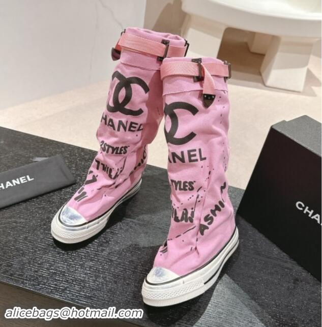 Good Quality Chanel Denim Sneaker High Boots with Buckle Pink 015122