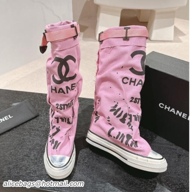 Good Quality Chanel Denim Sneaker High Boots with Buckle Pink 015122