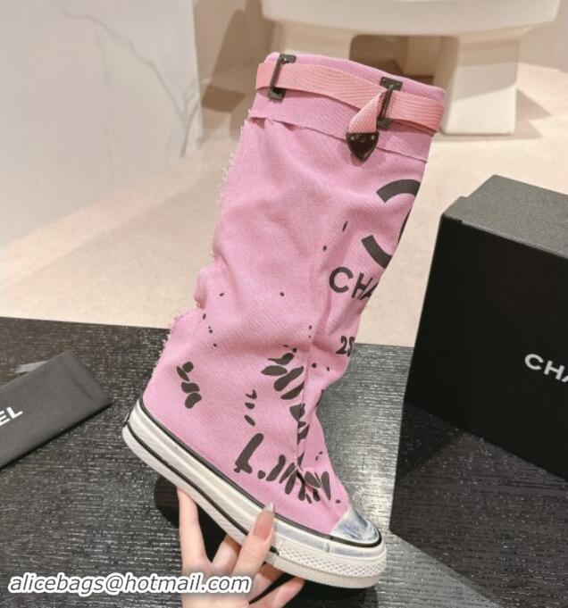 Good Quality Chanel Denim Sneaker High Boots with Buckle Pink 015122