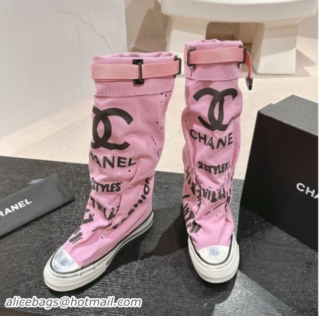 Good Quality Chanel Denim Sneaker High Boots with Buckle Pink 015122