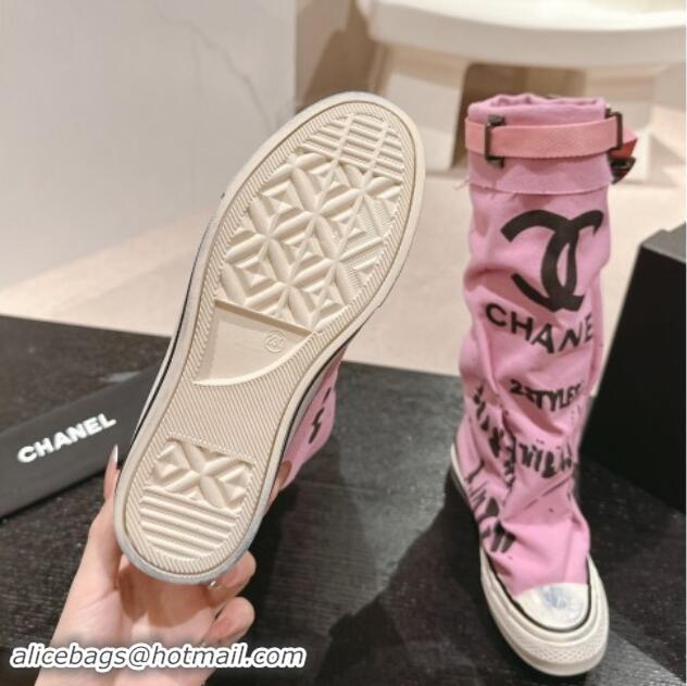 Good Quality Chanel Denim Sneaker High Boots with Buckle Pink 015122