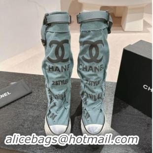 Unique Style Chanel Denim Sneaker High Boots with Buckle Blue 015123