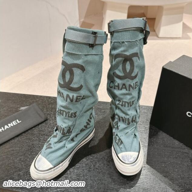 Unique Style Chanel Denim Sneaker High Boots with Buckle Blue 015123