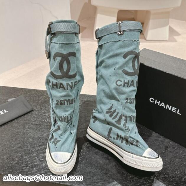 Unique Style Chanel Denim Sneaker High Boots with Buckle Blue 015123