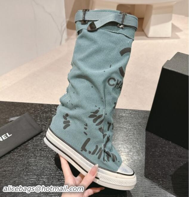 Unique Style Chanel Denim Sneaker High Boots with Buckle Blue 015123