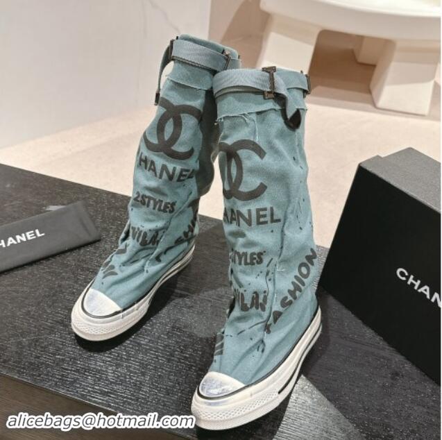 Unique Style Chanel Denim Sneaker High Boots with Buckle Blue 015123