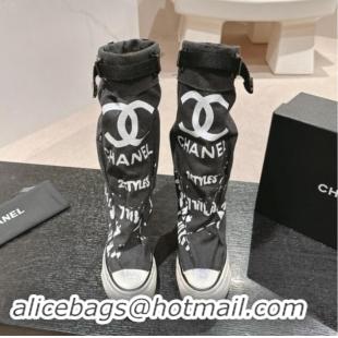 Best Product Chanel Denim Sneaker High Boots with Buckle Black 015124