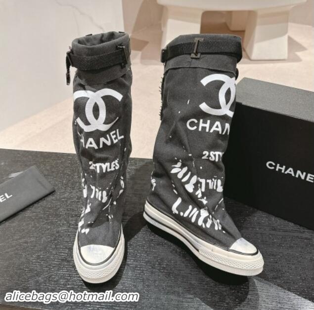 Best Product Chanel Denim Sneaker High Boots with Buckle Black 015124