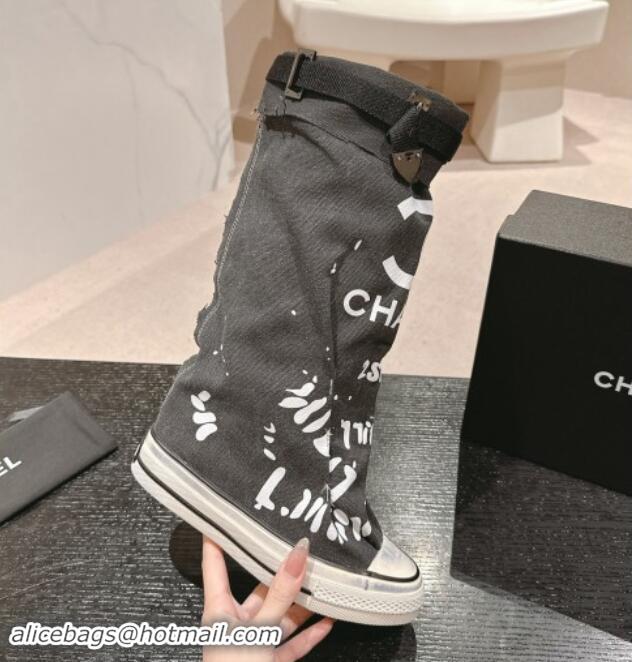 Best Product Chanel Denim Sneaker High Boots with Buckle Black 015124