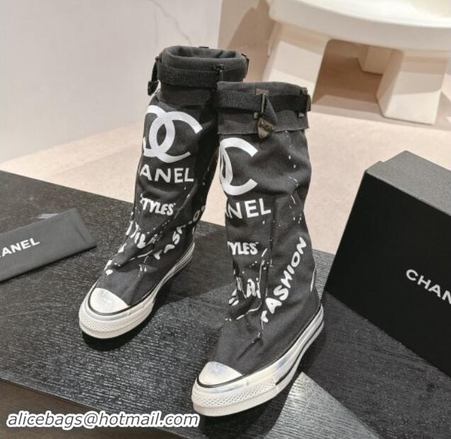 Best Product Chanel Denim Sneaker High Boots with Buckle Black 015124