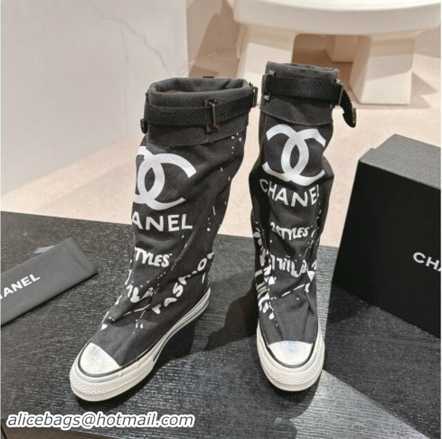 Best Product Chanel Denim Sneaker High Boots with Buckle Black 015124