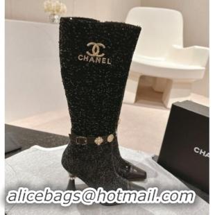 Grade Quality Chanel Tweed and Sequins High Boots with Charms Buckle Strap Black 1016001