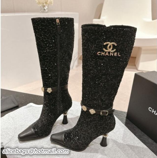 Grade Quality Chanel Tweed and Sequins High Boots with Charms Buckle Strap Black 1016001