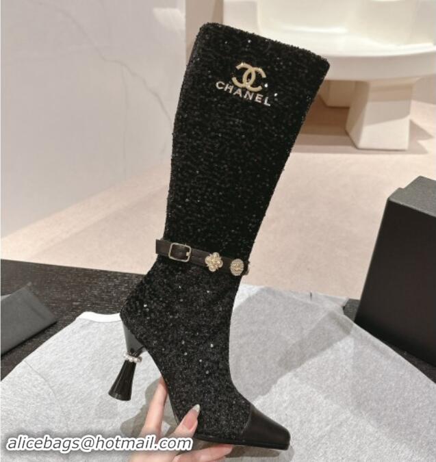 Grade Quality Chanel Tweed and Sequins High Boots with Charms Buckle Strap Black 1016001