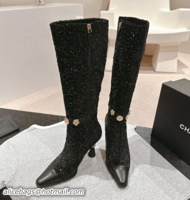 Grade Quality Chanel Tweed and Sequins High Boots with Charms Buckle Strap Black 1016001