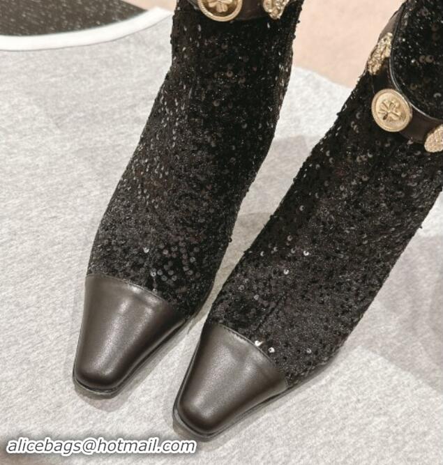 Grade Quality Chanel Tweed and Sequins High Boots with Charms Buckle Strap Black 1016001