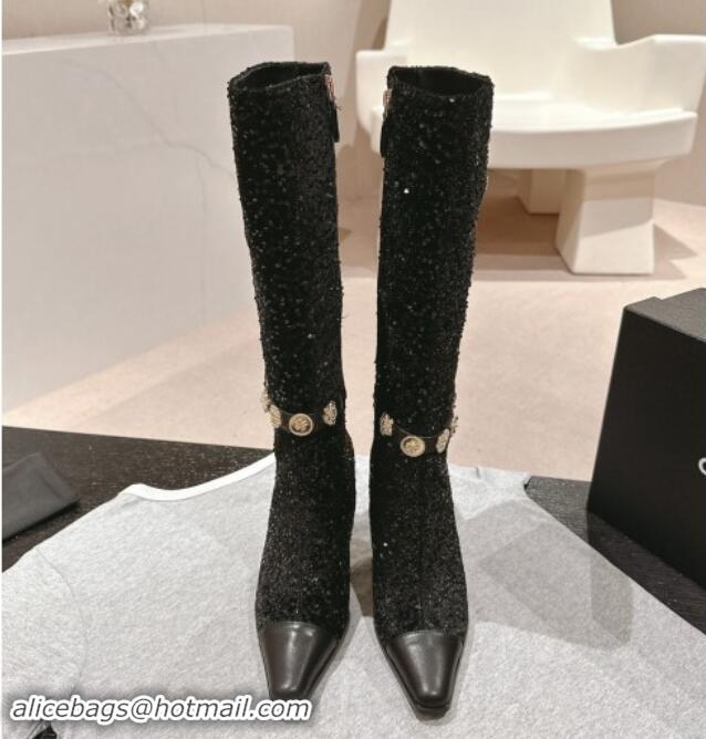 Grade Quality Chanel Tweed and Sequins High Boots with Charms Buckle Strap Black 1016001