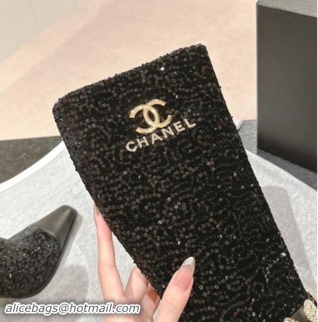 Grade Quality Chanel Tweed and Sequins High Boots with Charms Buckle Strap Black 1016001