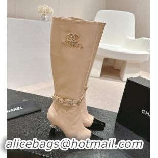 Shop Cheap Chanel Calfskin High Boots with Charms Buckle Strap Beige 016002