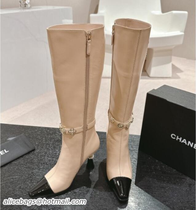 Shop Cheap Chanel Calfskin High Boots with Charms Buckle Strap Beige 016002