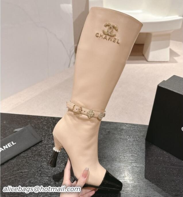 Shop Cheap Chanel Calfskin High Boots with Charms Buckle Strap Beige 016002