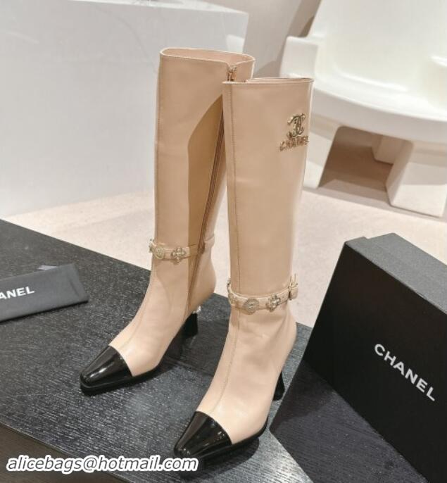 Shop Cheap Chanel Calfskin High Boots with Charms Buckle Strap Beige 016002