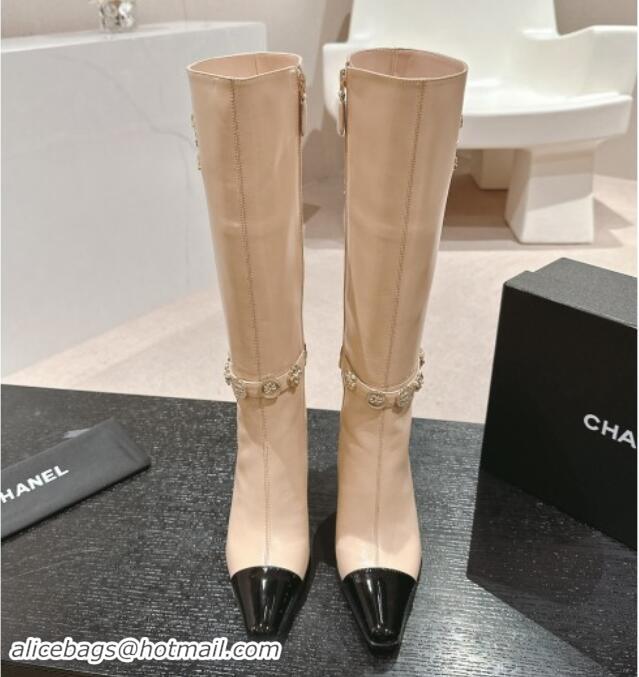 Shop Cheap Chanel Calfskin High Boots with Charms Buckle Strap Beige 016002