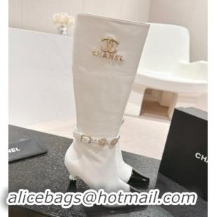 Luxury Chanel Calfskin High Boots with Charms Buckle Strap White 016003