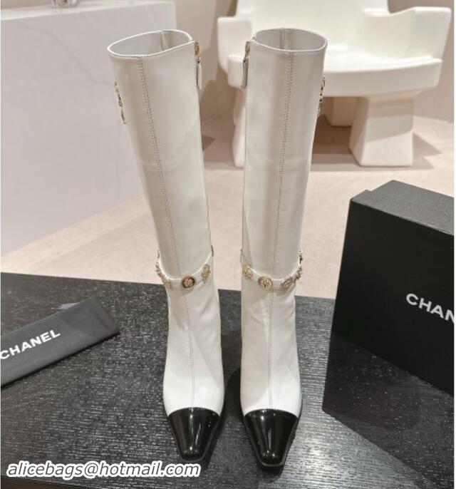 Luxury Chanel Calfskin High Boots with Charms Buckle Strap White 016003