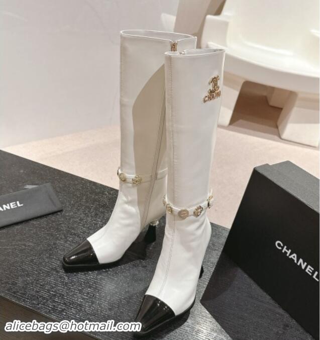 Luxury Chanel Calfskin High Boots with Charms Buckle Strap White 016003