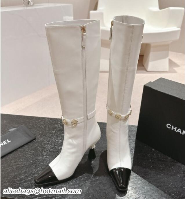 Luxury Chanel Calfskin High Boots with Charms Buckle Strap White 016003