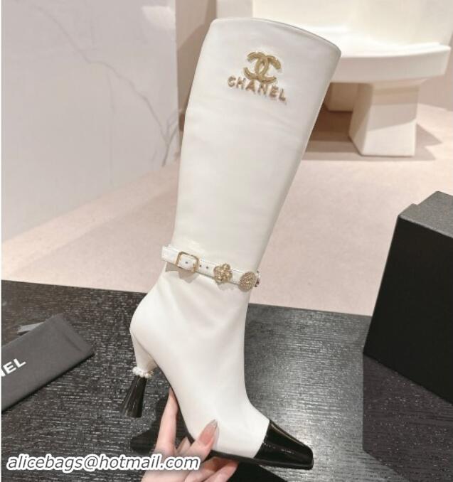 Luxury Chanel Calfskin High Boots with Charms Buckle Strap White 016003