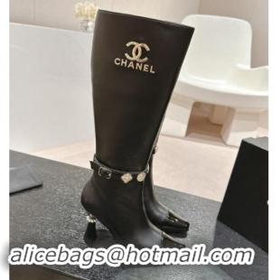 Purchase Chanel Calfskin High Boots with Charms Buckle Strap Black 016004