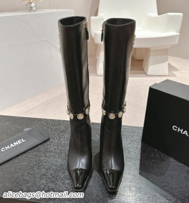 Purchase Chanel Calfskin High Boots with Charms Buckle Strap Black 016004