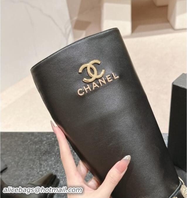 Purchase Chanel Calfskin High Boots with Charms Buckle Strap Black 016004