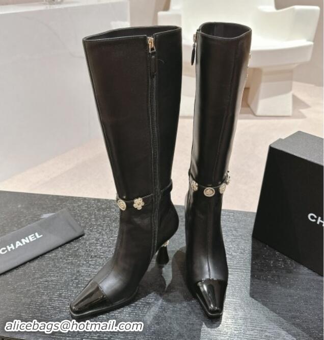 Purchase Chanel Calfskin High Boots with Charms Buckle Strap Black 016004