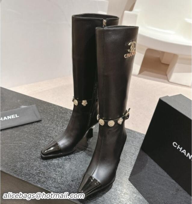 Purchase Chanel Calfskin High Boots with Charms Buckle Strap Black 016004