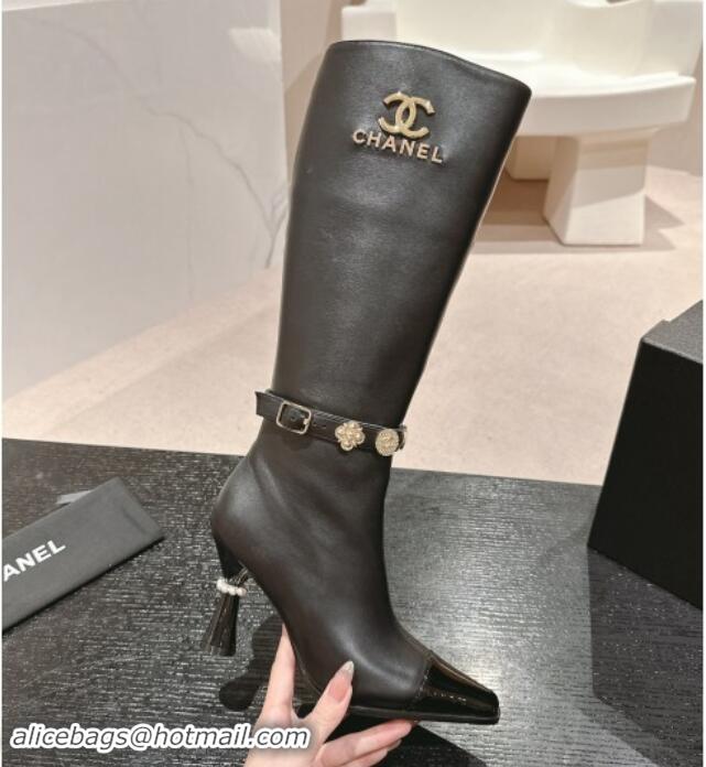 Purchase Chanel Calfskin High Boots with Charms Buckle Strap Black 016004