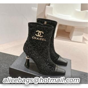 Luxury Cheap Chanel Tweed and Sequins Ankle Boots with Charms Buckle Strap Black 016005