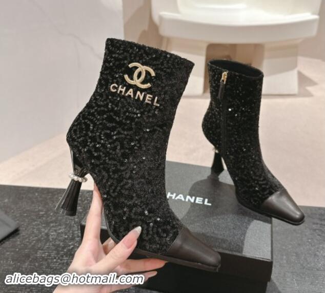 Luxury Cheap Chanel Tweed and Sequins Ankle Boots with Charms Buckle Strap Black 016005